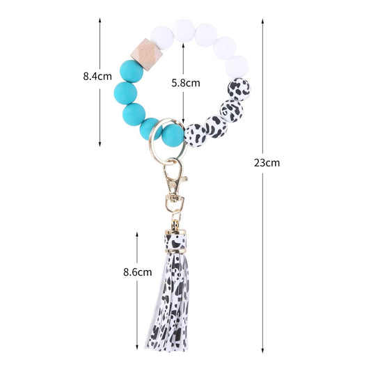 Women Silicone Keychain Bracelet Beaded Wristlet Keyring Tassel Bead Bangle Chains Personalised Lovely Keyring for House Door Car Key Rings Crafts Bags Holder ,Cow Pattern