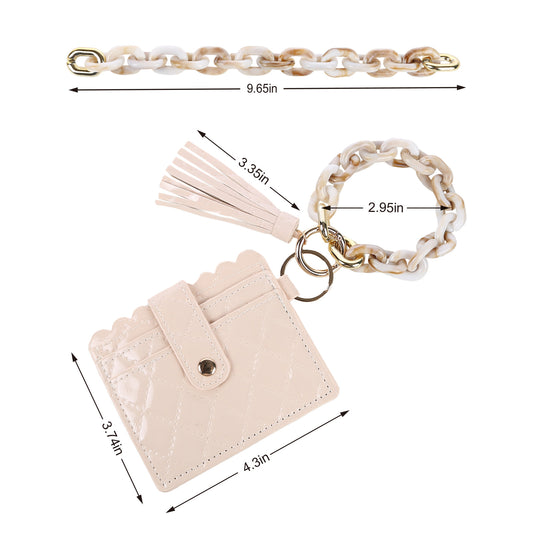 Quilted lepatent Leather Wristlet Keychain Bracelet Wallet Acrylic Chain Bangle Key Ring Purse Tassel Card Pocket Key Chains RFID Blocking Credit Card Case Holder for Driving Licence Credit Card