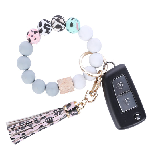 Silicone Bead Bracelet Keychain Beaded Wristlet Stretchy Keychain Bracelet Car Keys Ring Holder Elastic Keyring Bangle with Gift Box for Women